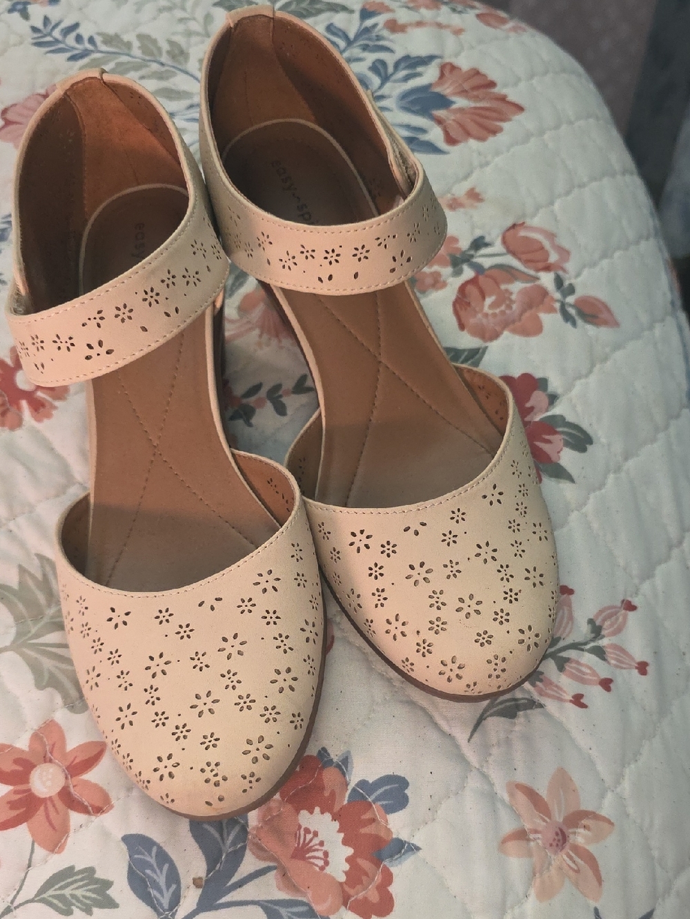 Easy Spirit Cream Laser-Cut Ankle-Strap Heels